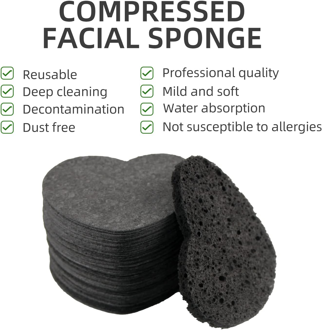 Spunspon Facial Sponges Compressed Natural Cellulose Sponge Spunspon Heart Shape Face Sponge for Face Cleansing Exfoliating and Makeup Removal 50 Count / 1 - Pack,Black